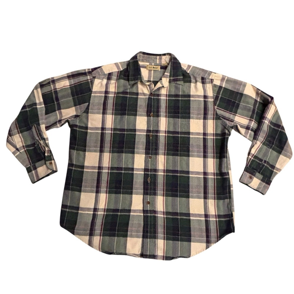 Vtg LL Bean Shirt Mens Large Long Sleeve Button Up Shirt Blue Green Purple Plaid
